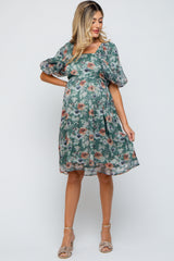 Green Floral Puff Sleeve Maternity Dress