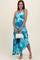 Blue Watercolor Satin Pleated One-Shoulder Asymmetrical Maternity Midi Dress