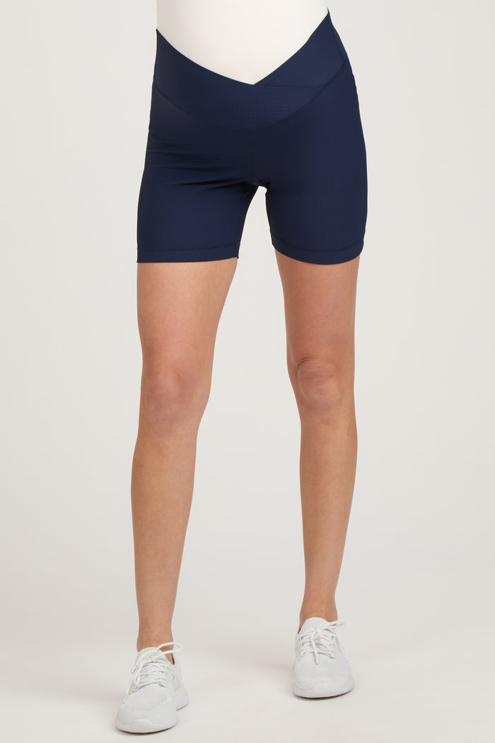Navy Ribbed Crisscross Maternity Biker Shorts