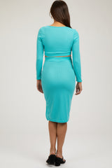 Turquoise Ribbed Long Sleeve Crop Top Maternity Skirt Set