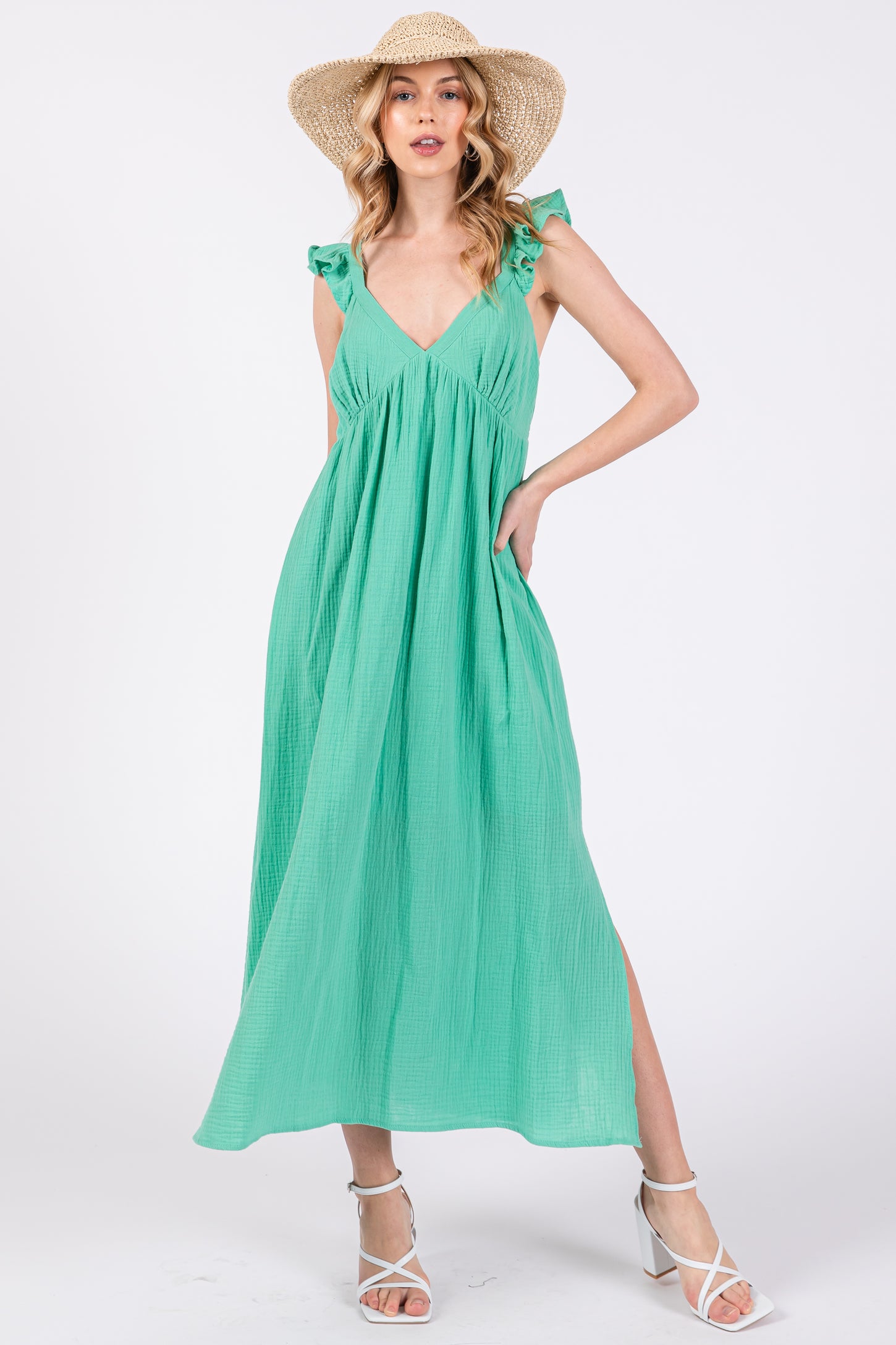Mint Green Ruffle Strap Midi Dress