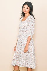 Ivory Floral Smocked Knee Length Dress