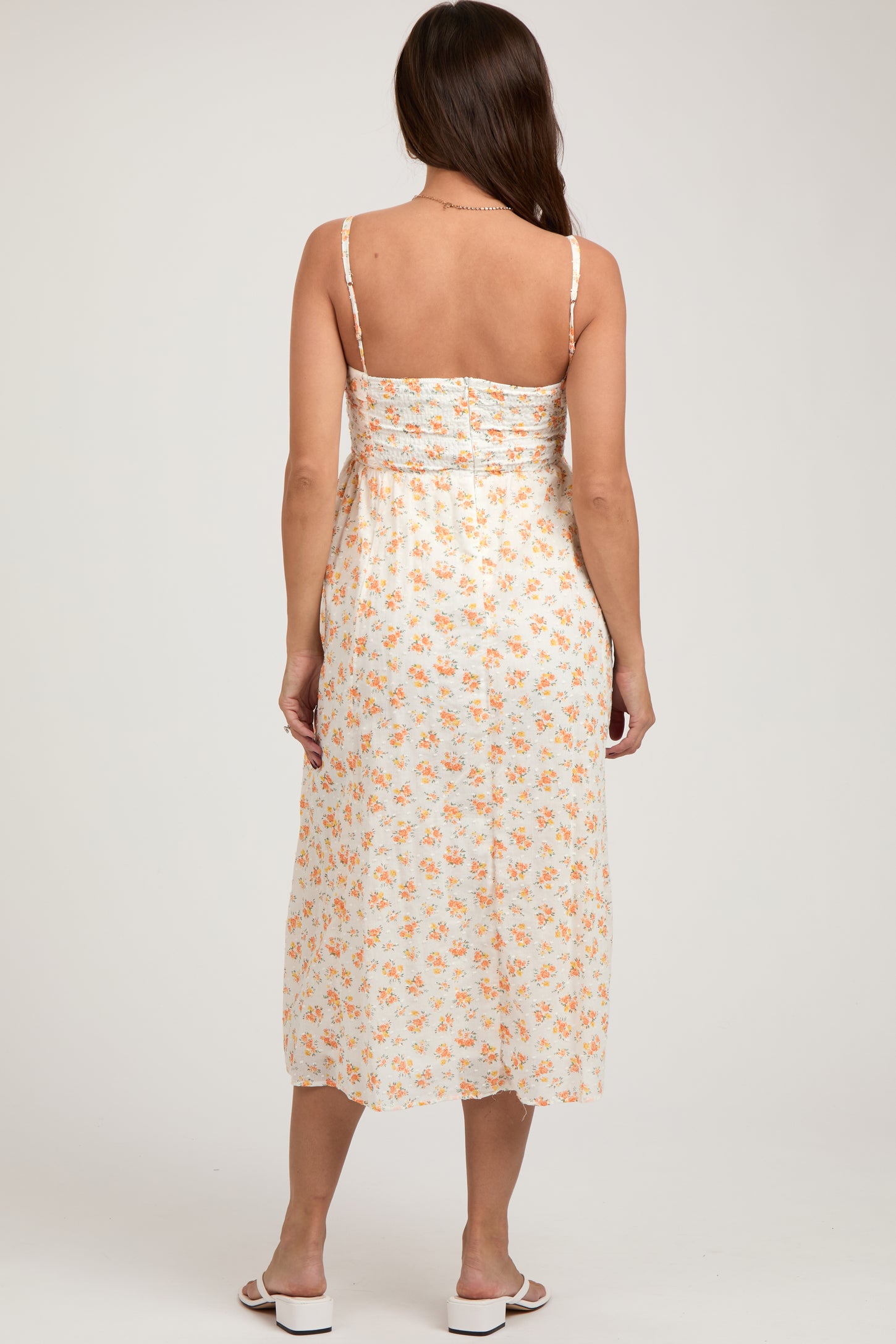 Orange Floral Textured Dot Square Neck Maternity Midi Dress
