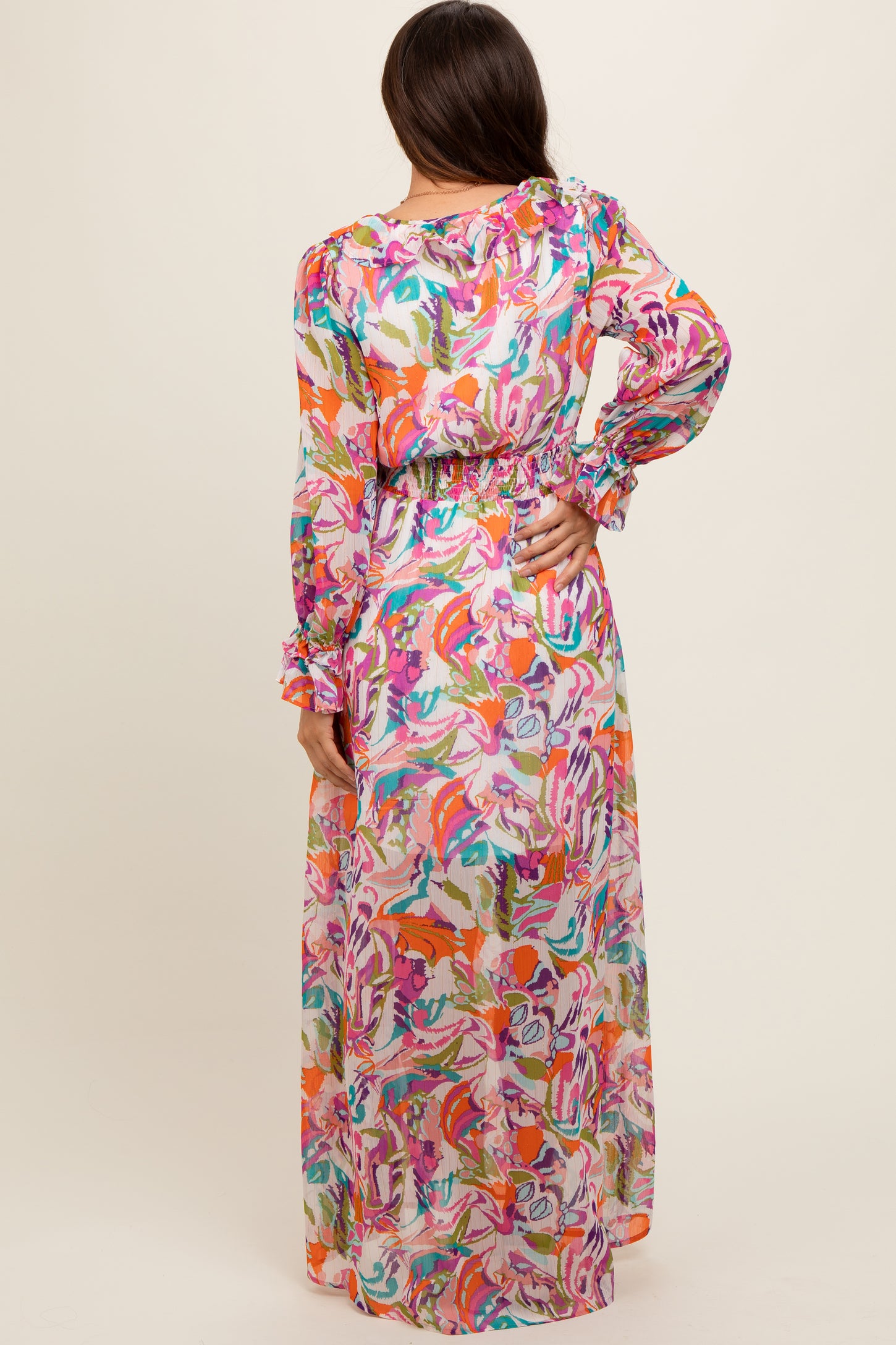 Pink Print Ruffle Long Sleeve Maternity Maxi Dress