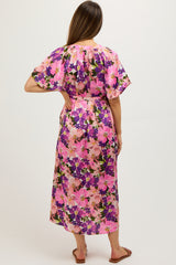 Violet Floral V-Neck Short Puff Sleeve Tie Waist Satin Maternity Midi Dress