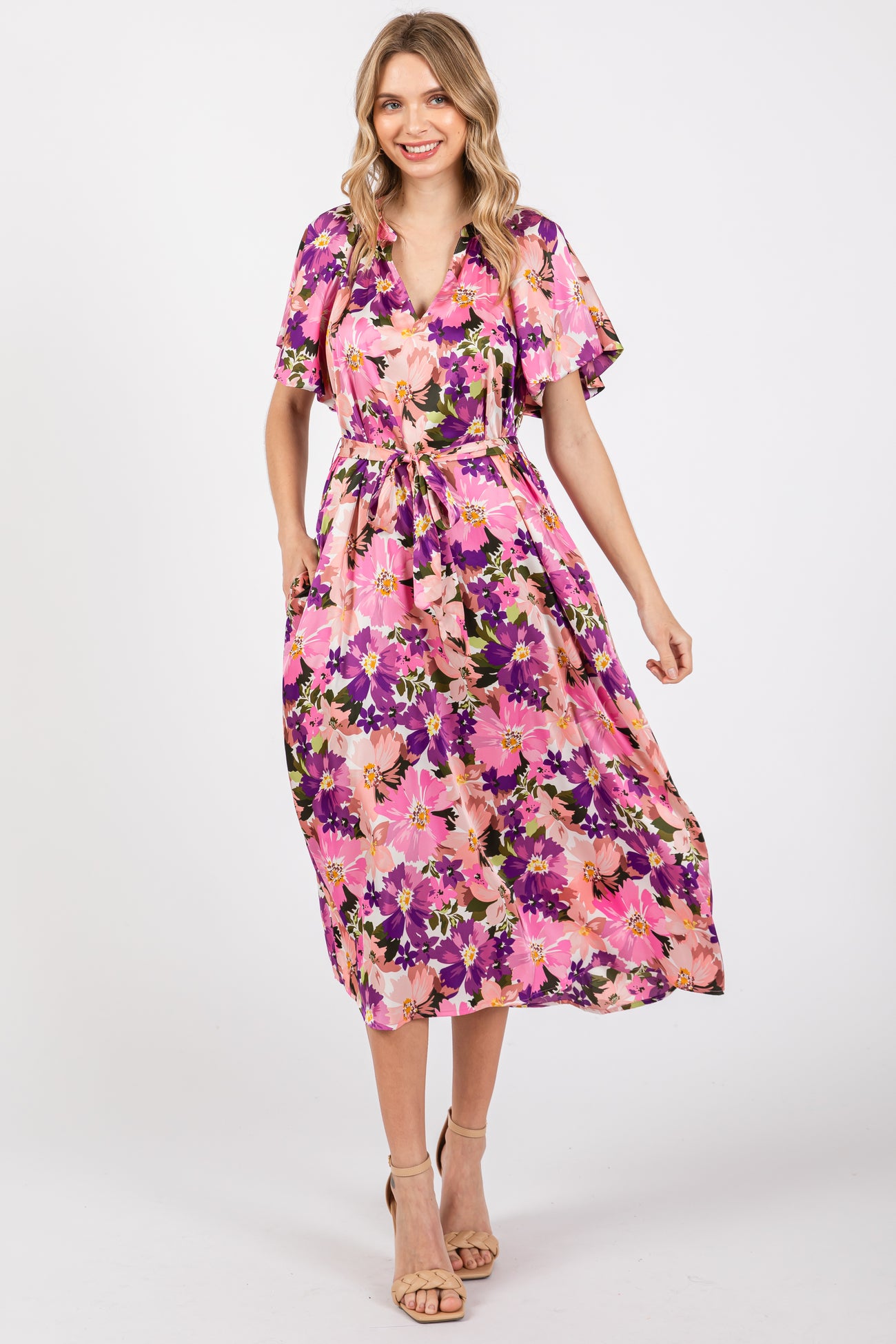Violet Floral V-Neck Short Puff Sleeve Tie Waist Satin Midi Dress