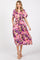 Violet Floral V-Neck Short Puff Sleeve Tie Waist Satin Midi Dress