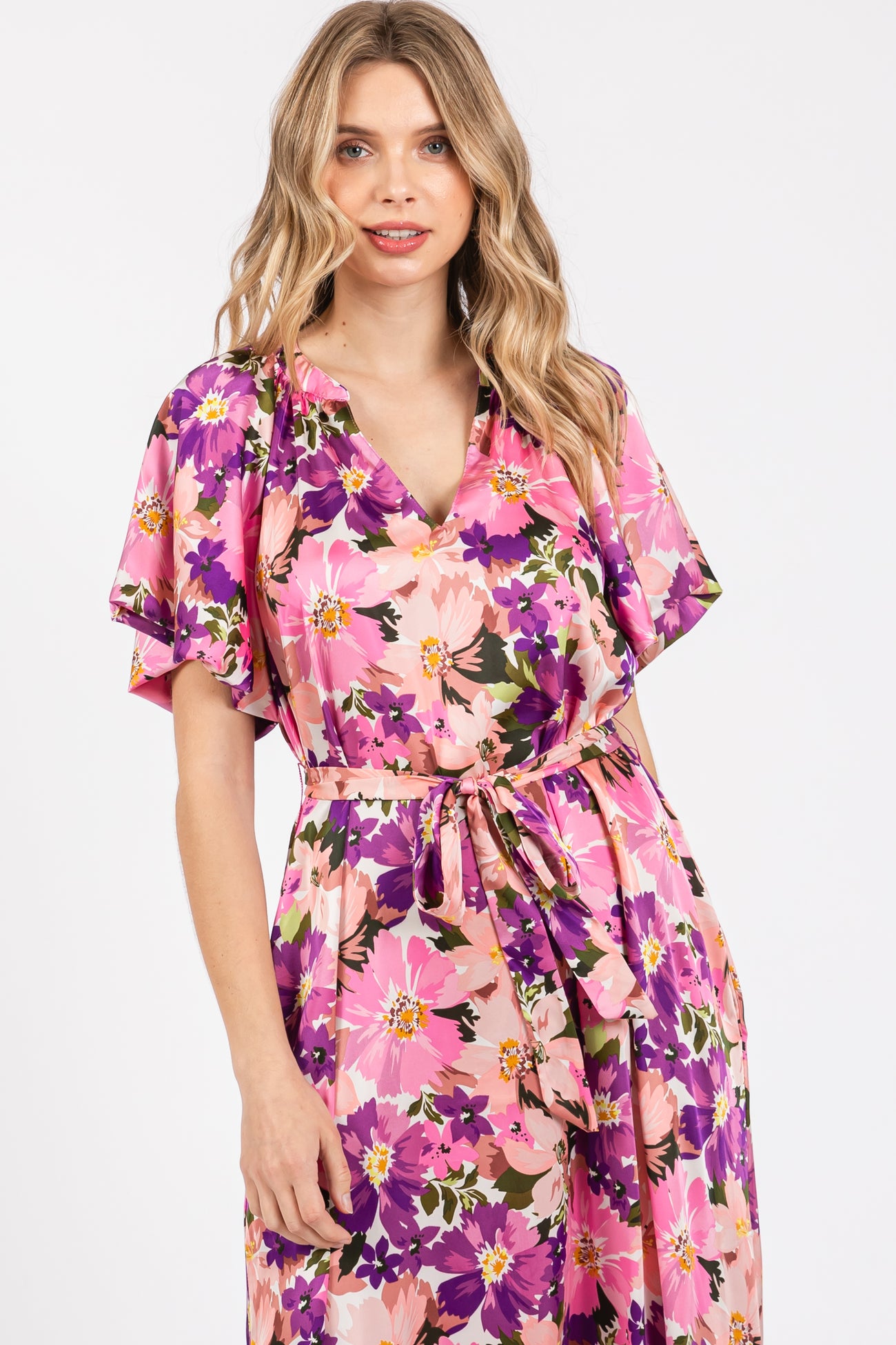 Violet Floral V-Neck Short Puff Sleeve Tie Waist Satin Midi Dress