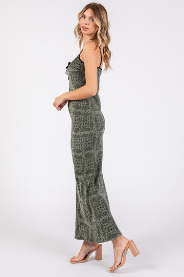 Light Olive Floral Paisley Velvet Tie Satin Midi Dress