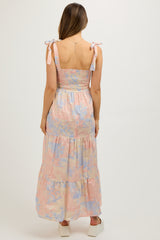 Multicolor Pastel Print Shoulder Tie Tiered Maternity Midi Dress