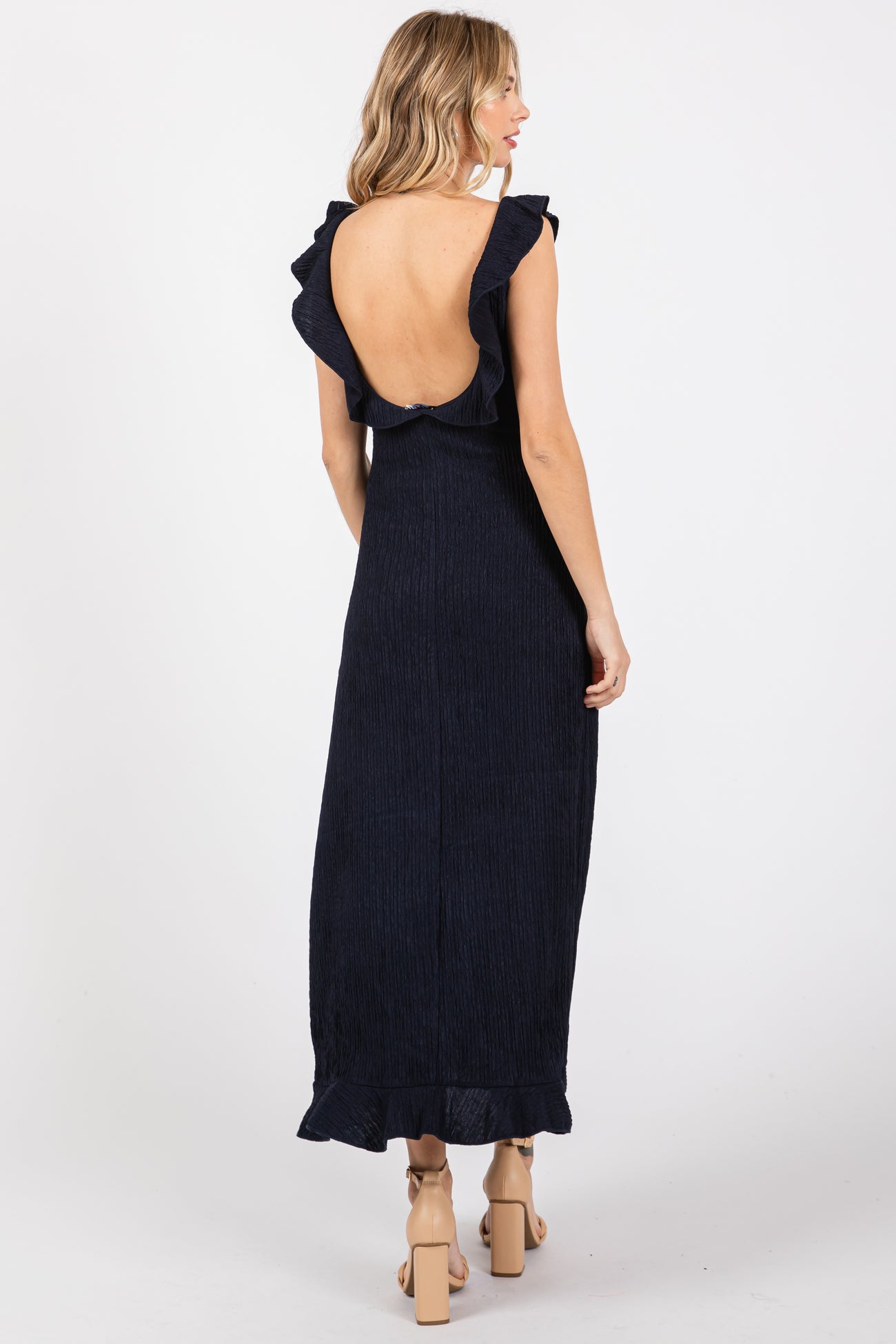 Navy Textured Sleeveless Ruffle Slit Maxi Dress