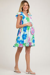 Light Blue Floral Ruffle Shoulder Maternity Dress
