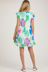 Light Blue Floral Ruffle Shoulder Maternity Dress