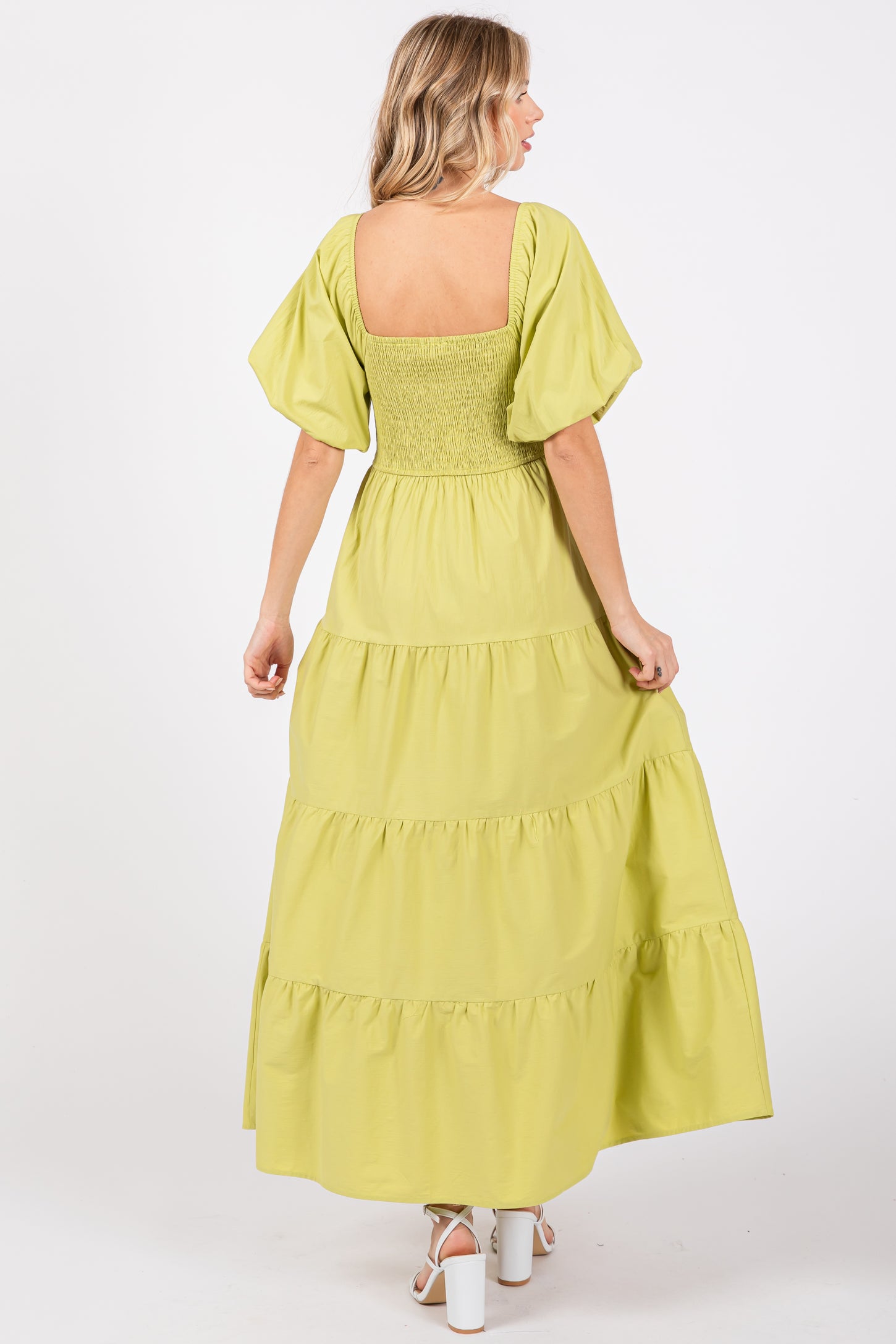 Light Olive Smocked Square Neck Puff Sleeve Tiered Maxi Dress
