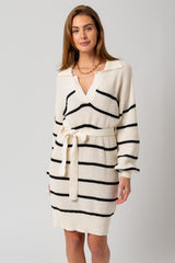 White-Black Striped Knit Collared Long Sleeve Maternity Sweater Dress