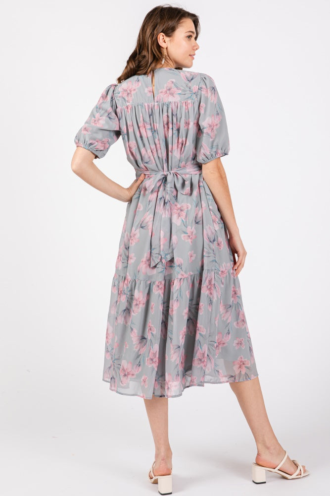 Grey Floral Smocked Ruffle Hem Midi Dress