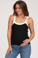 Black Ribbed Square Neck Contrast Strap Maternity Top
