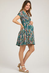 Teal Floral Smocked V-Neck Short Sleeve Maternity Dress