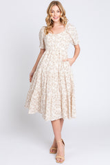 Taupe Floral Square Neck Tiered Maternity Midi Dress