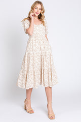 Taupe Floral Square Neck Tiered Midi Dress