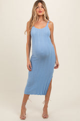 Light Blue Rib Knit Side Slit Maternity Maxi Dress