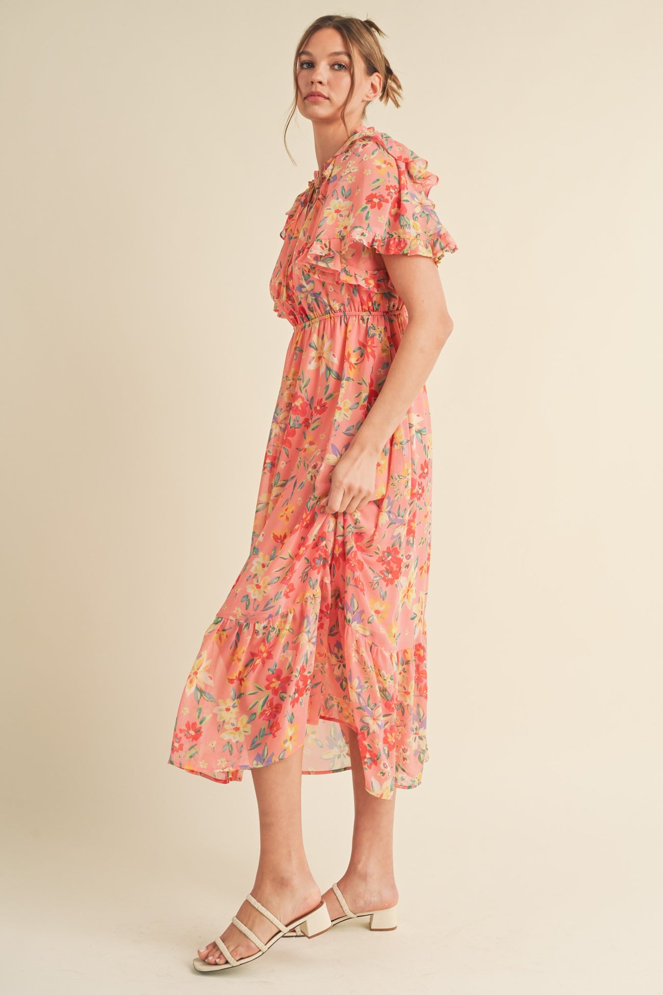 Coral Pink Floral Ruffle Accent Midi Dress