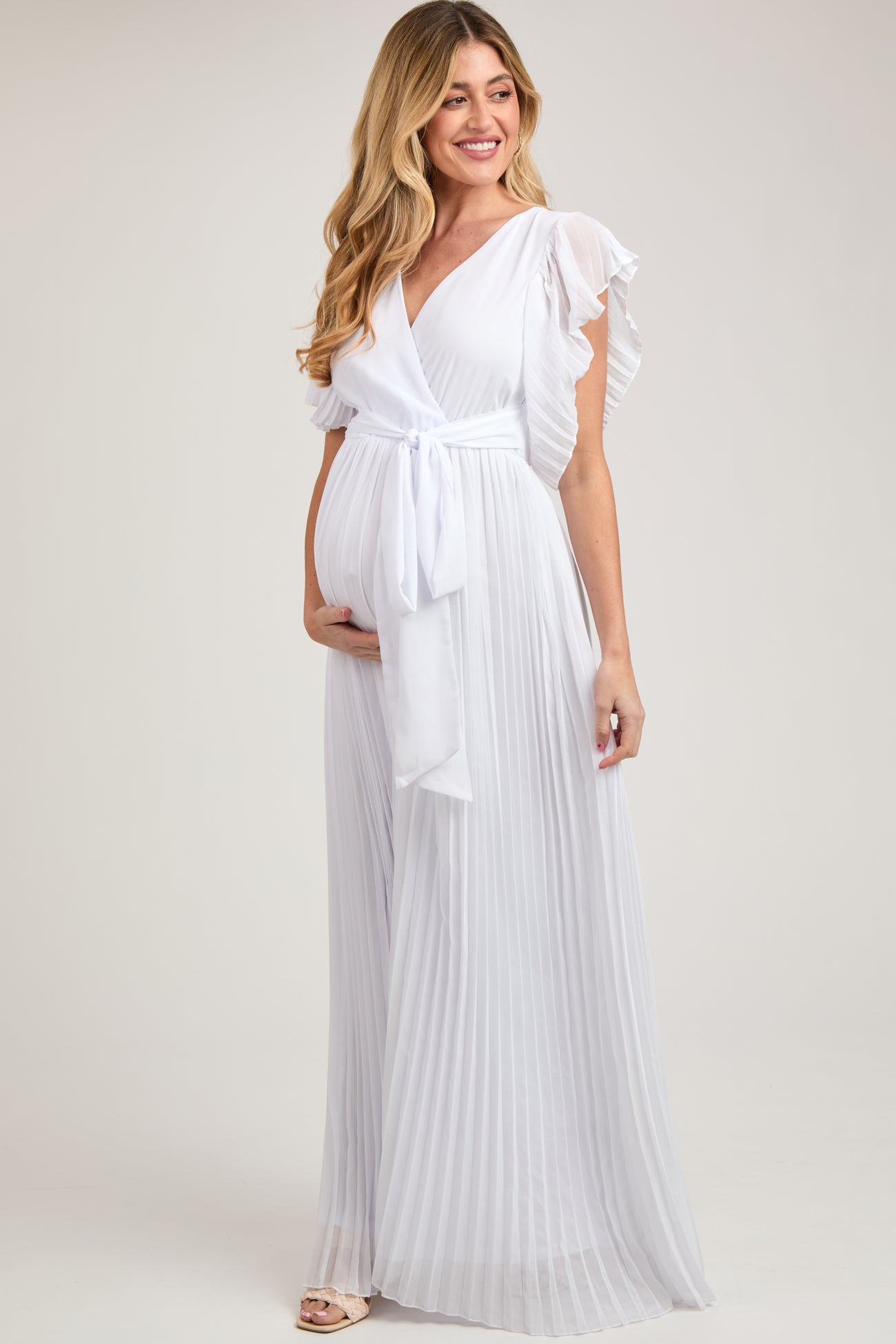 White Chiffon Wrap Front V-Neck Short Sleeve Pleated Maternity Maxi Dress