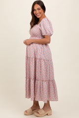 Light Pink Floral Smocked Tiered Puff Sleeve Maternity Maxi Dress