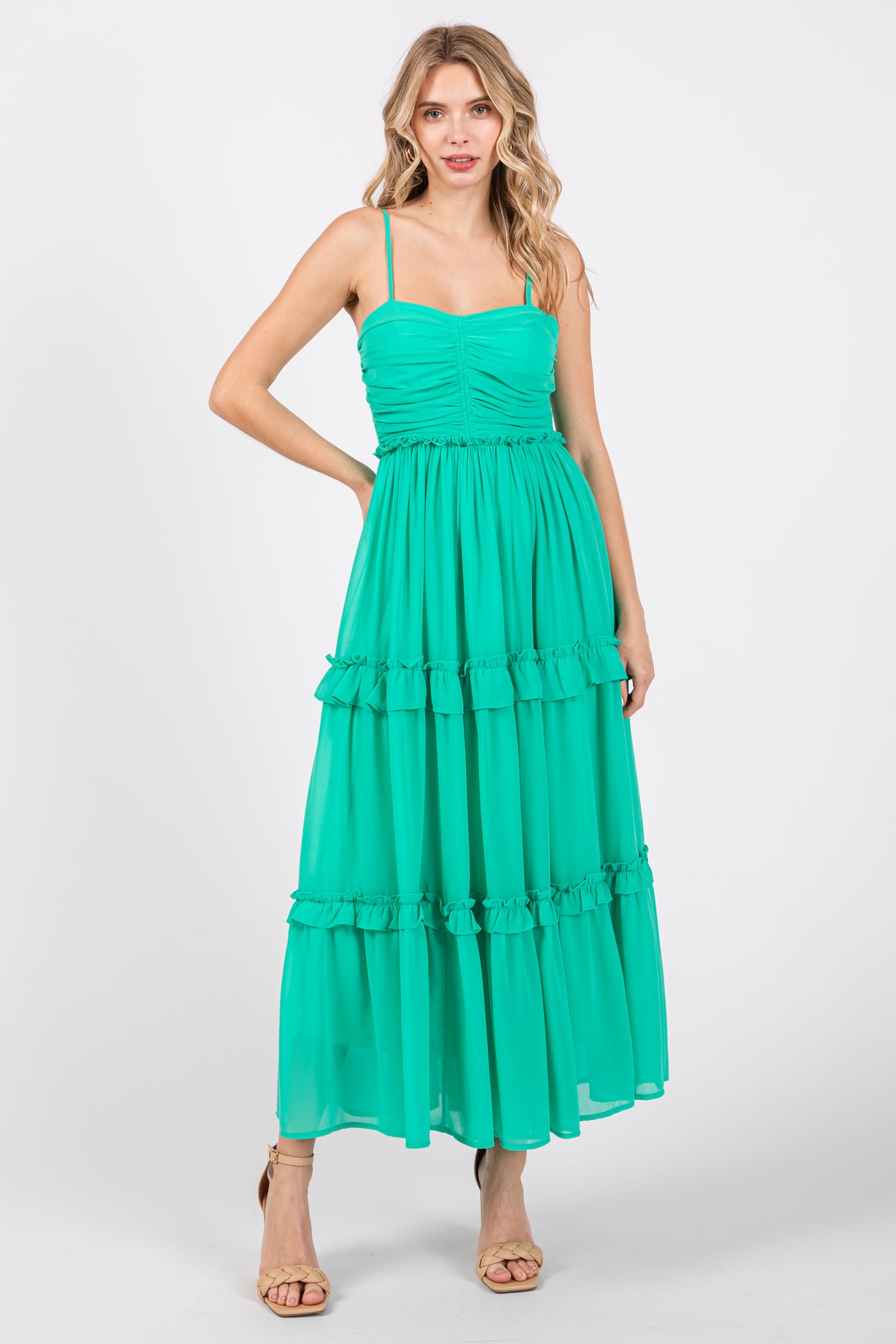 Green Sleeveless Pleated Ruffle Tiered Maternity Midi Dress