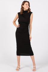 Black Ribbed Maternity Ruched Midi Dress