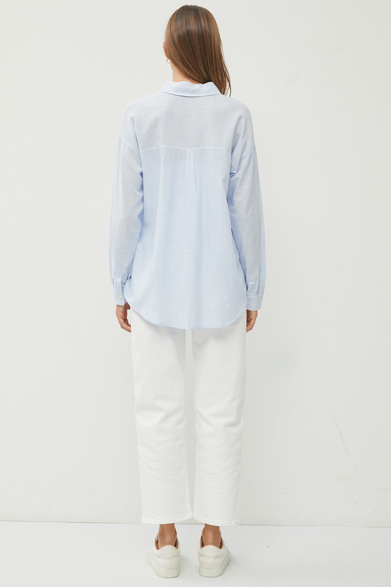 Light Blue Striped Basic Button Down Top