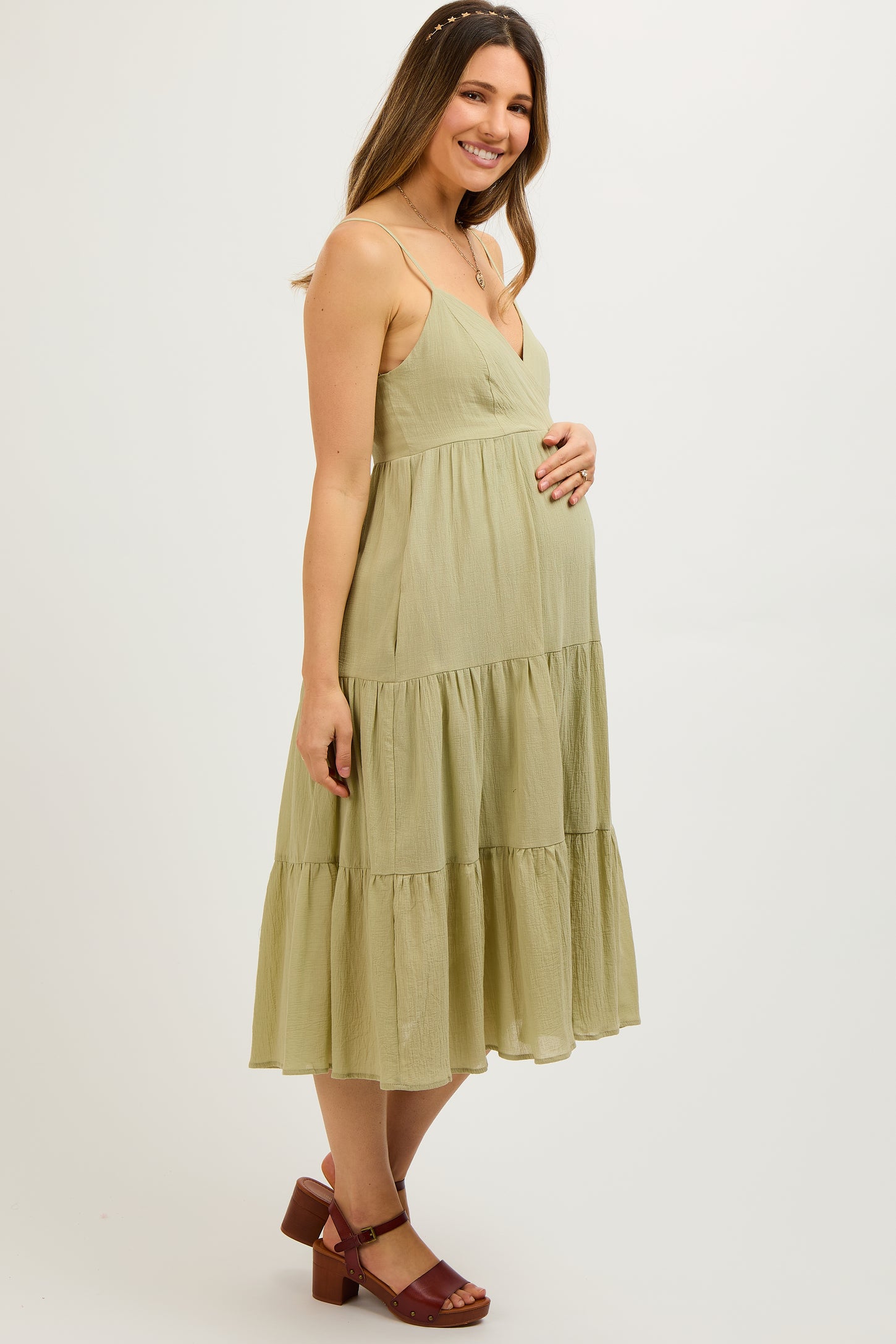 Light Olive Sleeveless Maternity Maxi Dress
