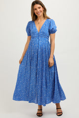 Blue Floral Button Down Front Slit Maternity Maxi Dress