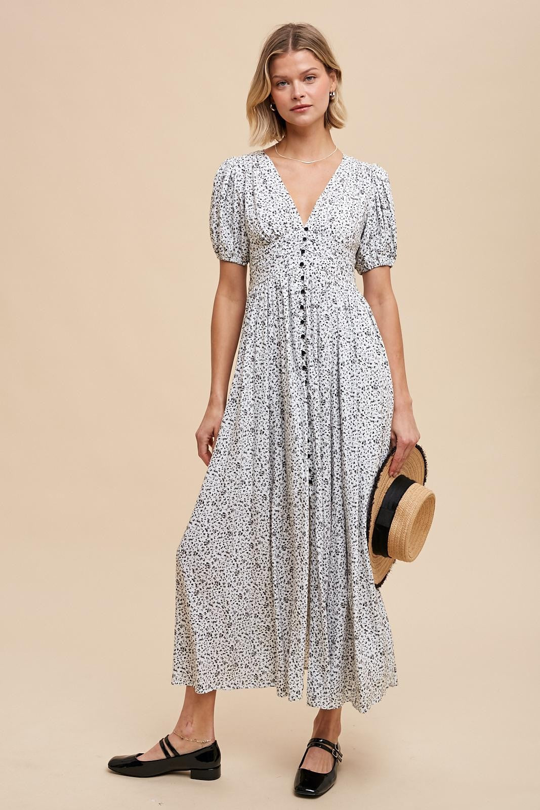 Ivory Floral Button Down Front Slit Maternity Maxi Dress