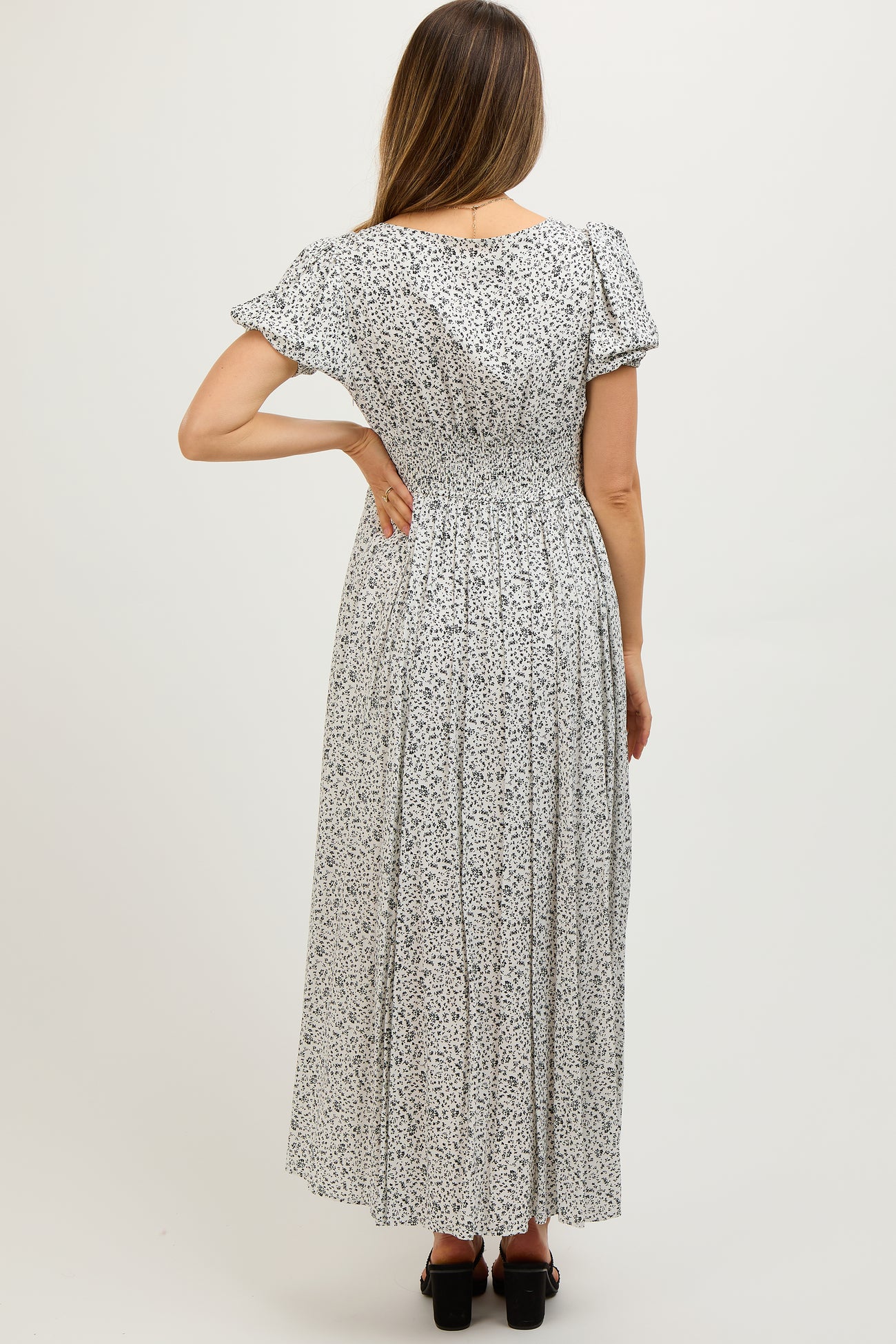 Ivory Floral Button Down Front Slit Maternity Maxi Dress