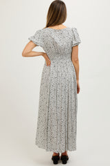 Ivory Floral Button Down Front Slit Maternity Maxi Dress
