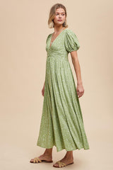 Sage Floral Button Down Front Slit Maxi Dress