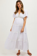 Ivory Crochet Lace Tiered Maternity Maxi Dress