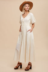 Cream Smocked Puff Sleeve Maternity Maxi Dress