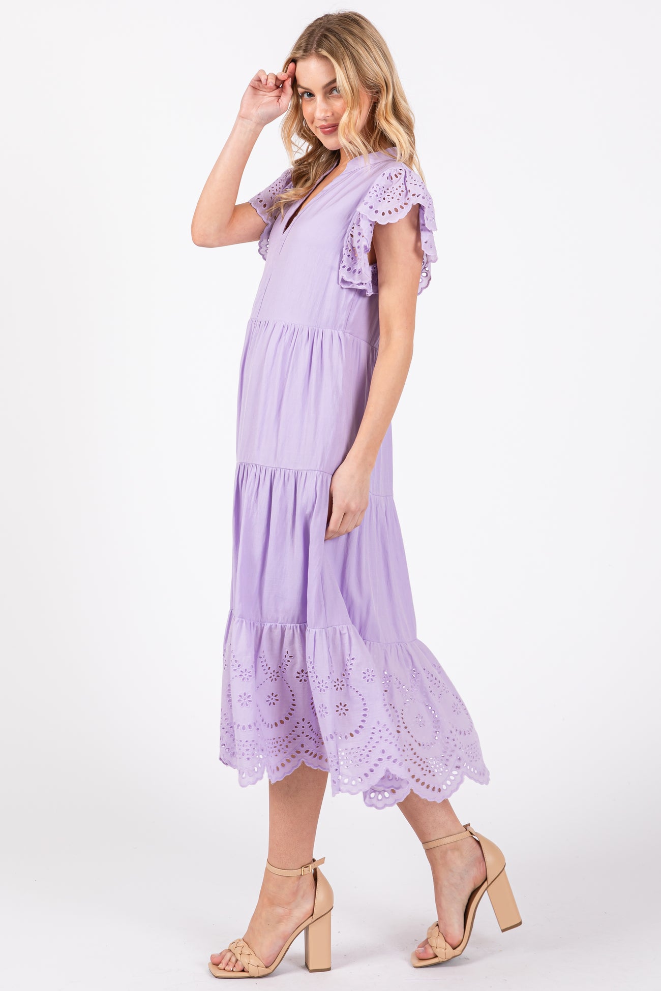 Lavender V-Neck Eyelet Detail Ruffle Shoulder Tiered Midi Dress