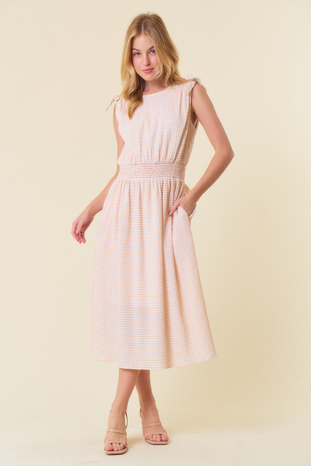 Beige Gingham Plaid Ruched Shoulder Midi Dress