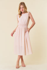 Beige Gingham Plaid Ruched Shoulder Midi Dress